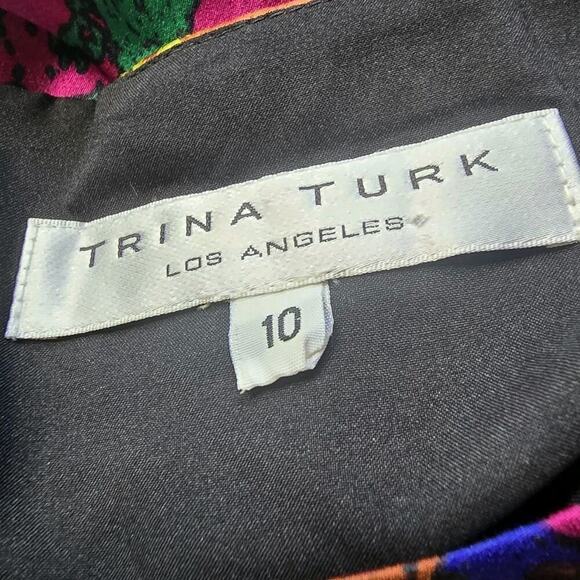 Trina Turk 100% Silk Shanghai Rainbow Thick Waistline Short Sleeve Dress Size 10 - Picture 8 of 13